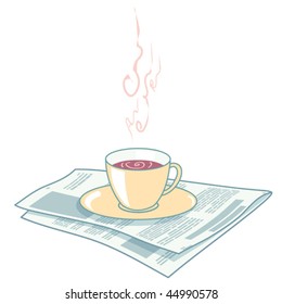 A cup of coffee is on the newspaper. Isolated on white. Vector illustration.