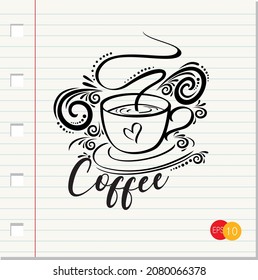 Cup of coffee on paper background.Cup coffee in doodle style