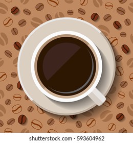 Cup of coffee on patterned background. Stylized drawing, flat style
