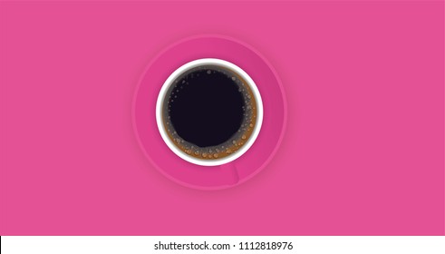 Cup of coffee on pink background, Top view. 