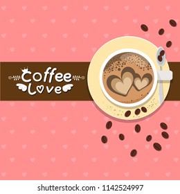 a cup of coffee on a pink background, Two heart-shaped latte art