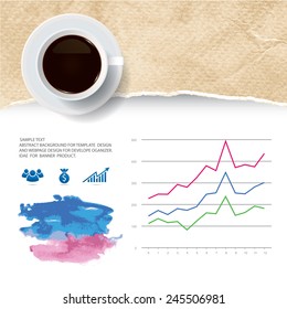 Cup of coffee on ripped vintage paper texture with business graph and abstract watercolor brushed. Vector infographic background for template design.