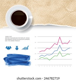 Cup of coffee on ripped vintage paper texture with business graph and abstract watercolor brushed. Vector infographic background for template design.