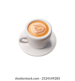 Cup with coffee on a saucer 3D cartoon plastic style icon. Realistic cappuccino with heart shape milk foam. Vector render illustration isolated on white. White mug with latte drink and cream