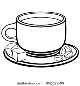 A cup of coffee on a saucer. Coffee beans and sugar pieces. Line drawing. For coloring. Outline. 
hand drawing