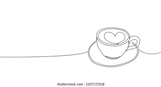 A cup of coffee on a saucer continuous line drawing. One line art of coffee, tea, drink, cappuccino, latte, milk, cream, coffee in bed, romance, coffee house, cafe, heart.