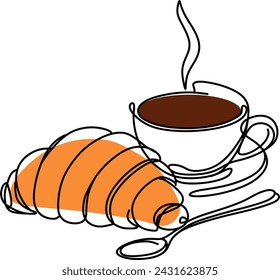 cup of coffee on a saucer and croissant, one line