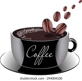 cup of coffee on a saucer and grains, vector illustration