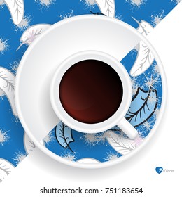 Cup of Coffee on Saucer with Hand Drawn Feather Pattern. Cozy Home Design