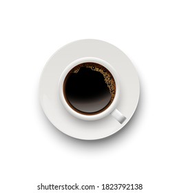 Cup of coffee on saucer. Hot caffeine in mug top view. Morning breakfast relaxation vector illustration. Aromatic beverage on white background. Espresso or cappuccino on plate.
