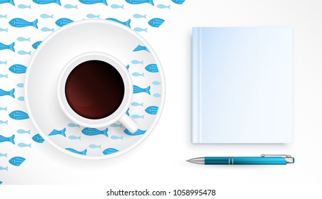 Cup of coffee on saucer with marine pattern. Vector background with fish silhouettes. Interior design template
