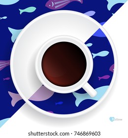 Cup of coffee on saucer with marine pattern. Vector seamless background with fish silhouettes. Interior design template