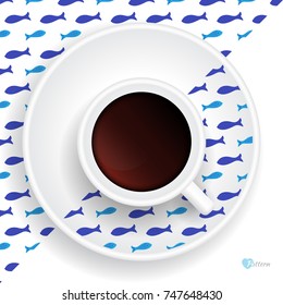 Cup of coffee on saucer with marine pattern. Vector background with fish silhouettes. Interior design template