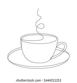 Cup of coffee on a saucer one line drawing on white isolated background. Vector illustration 