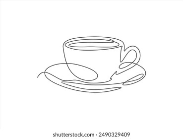 Cup of coffee on a saucer one line drawing on white isolated background. Vector illustration