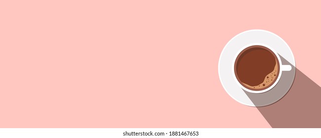 Cup of coffee on a saucer with shadow. On a pink background. Empty space for text.