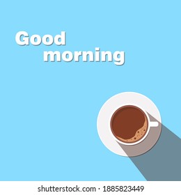 Cup of coffee on a saucer with shadow. On a blue background. Empty space for text.