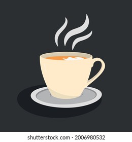 A cup of coffee on a saucer. A steaming hot drink. Template for the design of posters, posters. Vector illustration.