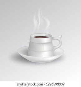 Cup with coffee on a saucer.A steaming hot drink.Мock-up.Ceramic products.Template for design.3D.Vector photorealistic illustration.   
 
 