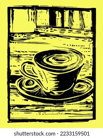 Cup with coffee on a saucer.A steaming hot drink.Мock-up.Ceramic products.Template for design.3D.Vector lino print illustration. 
