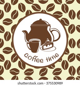 Cup of coffee on seamless background with cake