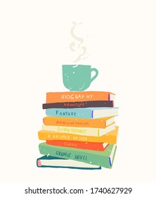 una taza de café está en una pila de libros. Ilustración de vector plano dibujado a mano