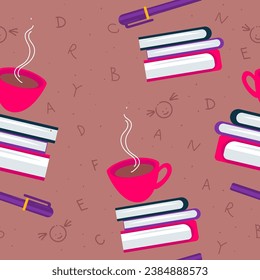 Cup of coffee on stack of books, pen and letters, doodle with smile. Wrapping and packaging paper for textbooks. Seamless pattern or background print, wallpaper design. Vector in flat styles