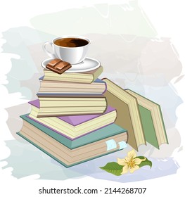 A cup of coffee on a stack of books.Vector illustration with a cup of coffee and books on a colored background.