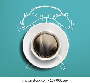 Cup of coffee on the table. Drawn sketch alarm clock. Vector illustration.