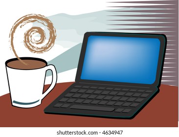 Cup of coffee on table with laptop - vector illustration.