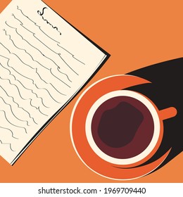 Eine Tasse Kaffee auf dem Tisch mit einer Zeitung. Morgen Kaffee, Morgenzeitung. Retro-Poster, Banner, Symbol. Vektorflache angesagte Illustration.