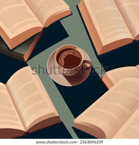 A cup of coffee on the table with a pile of open books. Hot espresso, a cozy coffee break in the library. Beautiful composition, vector illustration. Vintage coffee and book festival.