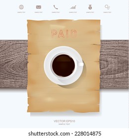 Cup of coffee on vintage paper with wooden texture background. Abstract background for template design.