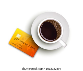 Cup of coffee on warfare dish, bank chip card. Breakfast image, top view. Morning drink coffe and plastic credit card. Hot coffee cup on white platter, debit card top banner. Vector cashless payment