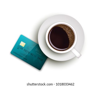 Cup of coffee on warfare dish, bank chip card. Breakfast image, top view. Morning drink coffe and plastic credit card. Hot coffee cup on white platter, debit card top banner. Vector cashless payment