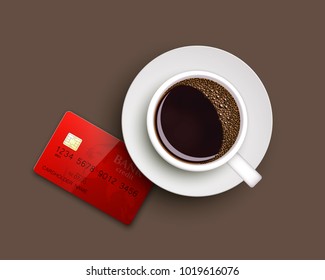 Cup of coffee on warfare dish, bank chip card. Breakfast image, top view. Morning drink coffe and plastic credit card. Hot coffee cup on white platter, debit card top banner. Vector cashless payment
