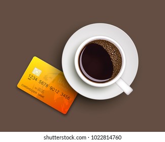 Cup of coffee on warfare dish, bank chip card. Breakfast image, top view. Morning drink coffe and plastic credit card. Hot coffee cup on white platter, debit card top banner. Vector cashless payment