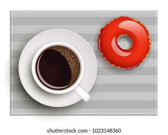 Cup of coffee on warfare dish, donut in glaze. Breakfast image, top view. Morning drink with sweetness. Hot coffee cup on white platter, donut glaze. Light snack top banner. Vector Still life dessert