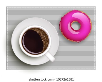 Cup of coffee on warfare dish, donut in glaze. Breakfast image, top view. Morning drink with sweetness. Hot coffee cup on white platter, donut glaze. Light snack top banner. Vector Still life dessert