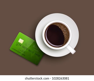 Cup of coffee on warfare dish, bank chip card. Breakfast image, top view. Morning drink coffe and plastic credit card. Hot coffee cup on white platter, debit card top banner. Vector cashless payment
