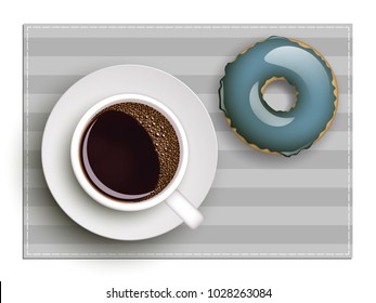 Cup of coffee on warfare dish, donut in glaze. Breakfast image, top view. Morning drink with sweetness. Hot coffee cup on white platter, donut glaze. Light snack top banner. Vector Still life dessert