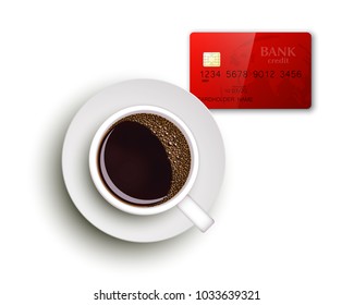 Cup of coffee on warfare dish, bank chip card. Breakfast image, top view. Morning drink coffe and plastic credit card. Hot coffee cup on white platter, debit card top banner. Vector cashless payment