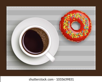 Cup of coffee on warfare dish, donut in glaze. Breakfast image, top view. Morning drink with sweetness. Hot coffee cup on white platter, donut glaze. Light snack top banner. Vector Still life dessert