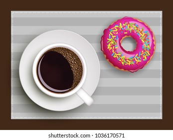 Cup of coffee on warfare dish, donut in glaze. Breakfast image, top view. Morning drink with sweetness. Hot coffee cup on white platter, donut glaze. Light snack top banner. Vector Still life dessert