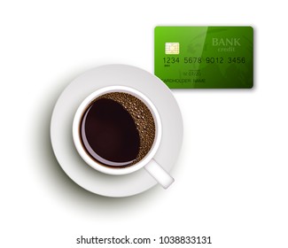Cup of coffee on warfare dish, bank chip card. Breakfast image, top view. Morning drink coffe and plastic credit card. Hot coffee cup on white platter, debit card top banner. Vector cashless payment