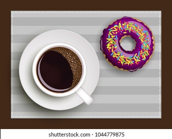 Cup of coffee on warfare dish, donut in glaze. Breakfast image, top view. Morning drink with sweetness. Hot coffee cup on white platter, donut glaze. Light snack top banner. Vector Still life dessert