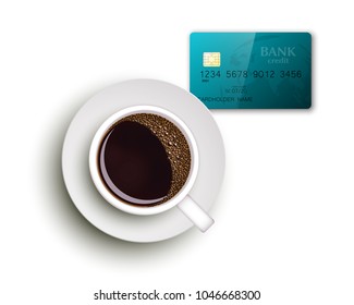 Cup of coffee on warfare dish, bank chip card. Breakfast image, top view. Morning drink coffe and plastic credit card. Hot coffee cup on white platter, debit card top banner. Vector cashless payment