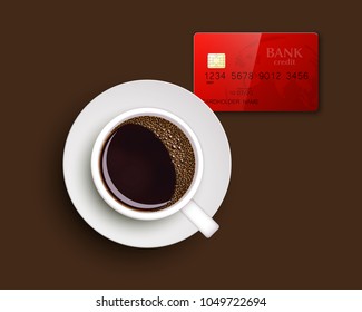 Cup of coffee on warfare dish, bank chip card. Breakfast image, top view. Morning drink coffe and plastic credit card. Hot coffee cup on white platter, debit card top banner. Vector cashless payment