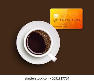 Cup of coffee on warfare dish, bank chip card. Breakfast image, top view. Morning drink coffe and plastic credit card. Hot coffee cup on white platter, debit card top banner. Vector cashless payment
