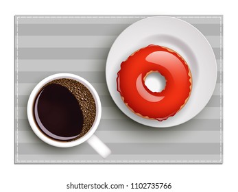 Cup of coffee on warfare dish, donut in glaze. Breakfast image, top view. Morning drink with sweetness. Hot coffee cup on white platter, donut glaze. Light snack top banner. Still life dessert